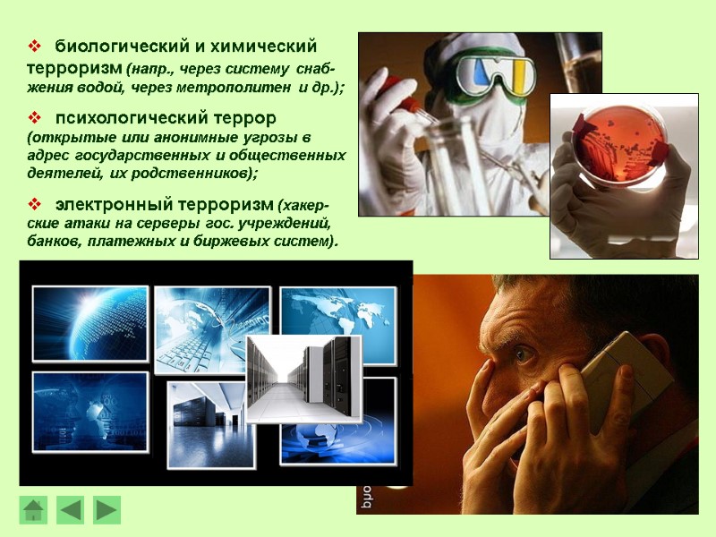 биологический и химический терроризм (напр., через систему снаб-жения водой, через метрополитен и др.); психологический